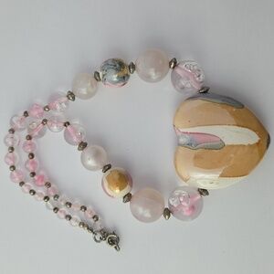Boho style Heart bead necklace multi colored pinks and gold, 17.5 inches